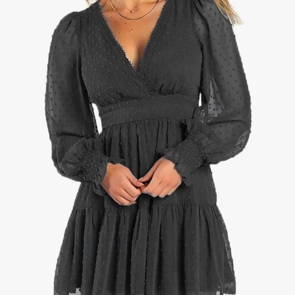 NWT L Black swiss dots sheer sleeves open back chiffon mini dre…